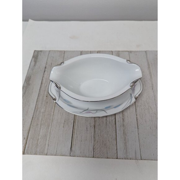 Vintage Valmont Royal Wheat Platinum Trim Gravy Boat Bowl Attached Underplate - Picture 2 of 7